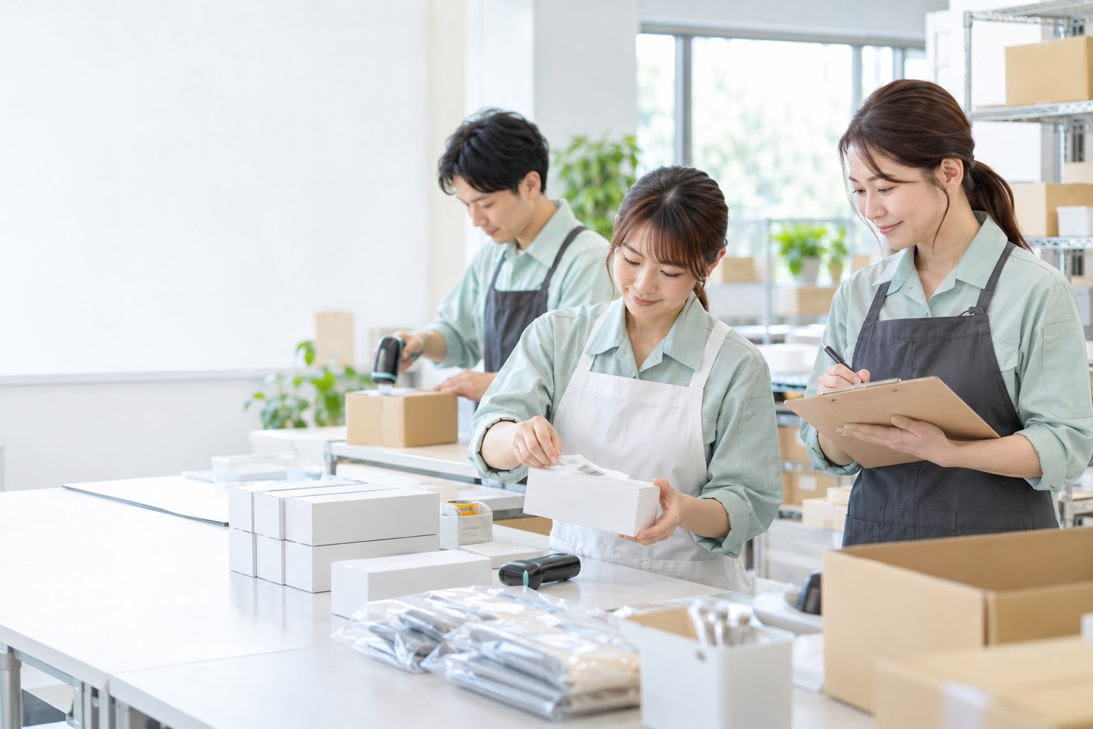 スタッフが商品とチェック表を確認しながら梱包する作業風景のイメージ